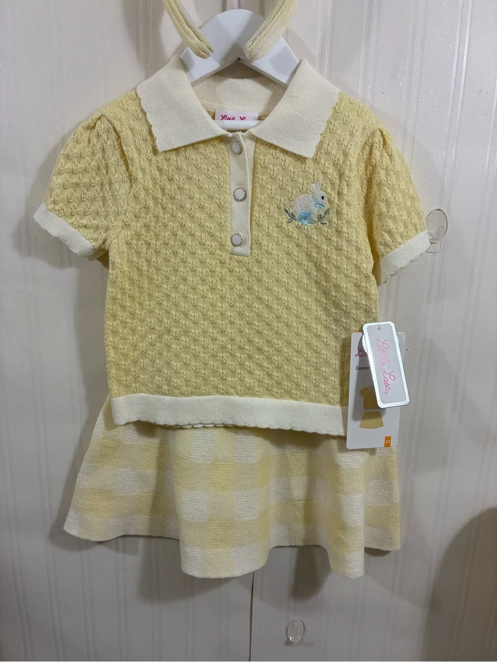 Little Lass Yellow and White Knit Polo Top with Matching Check Skirt
